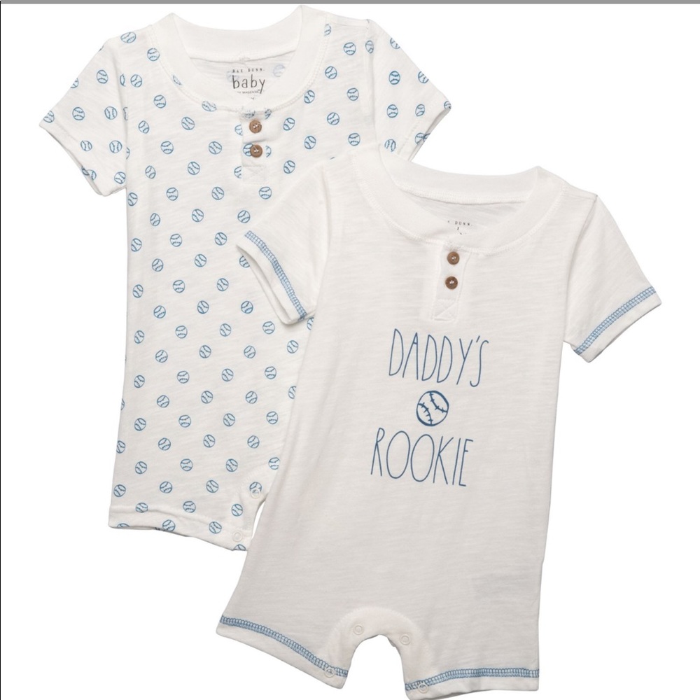Rae Dunn Set of Two Rompers “Daddy’s Rookie” and baseball print romper bundle